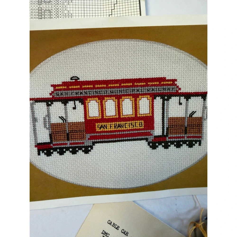 VTG Judith M Kirby Cable Car Cross Stitch Pattern Red San Francisco Partial